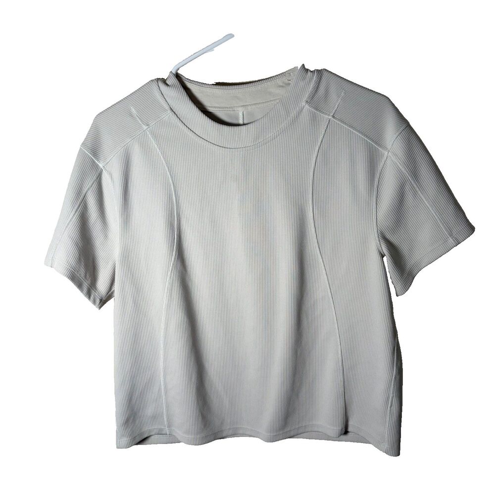 Lululemon T-Shirt Women's 4 Beige Crew Neck Ribbed Sweatshirt Short Sleeve